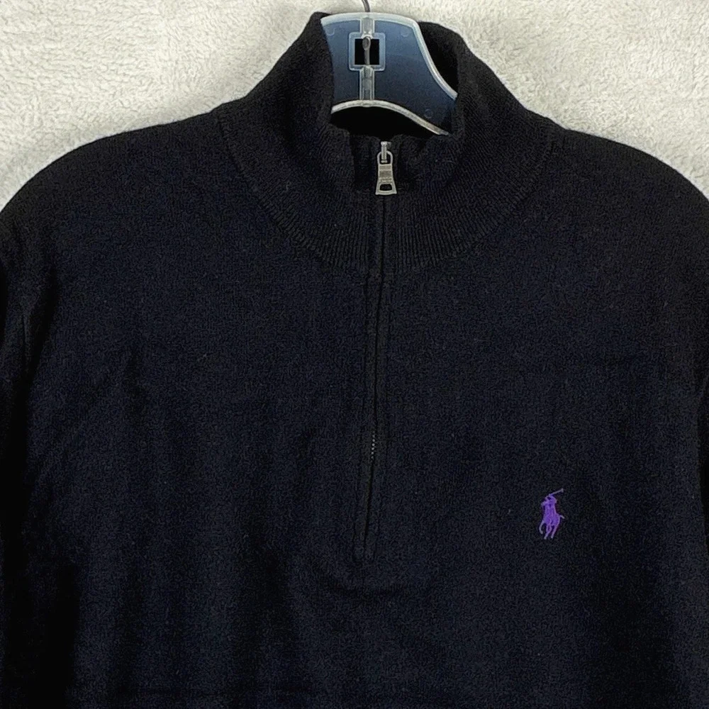 VTG Polo Ralph Lauren Sweater Men XL Black Purple Pony 1/4 Zip Pullover Wool
